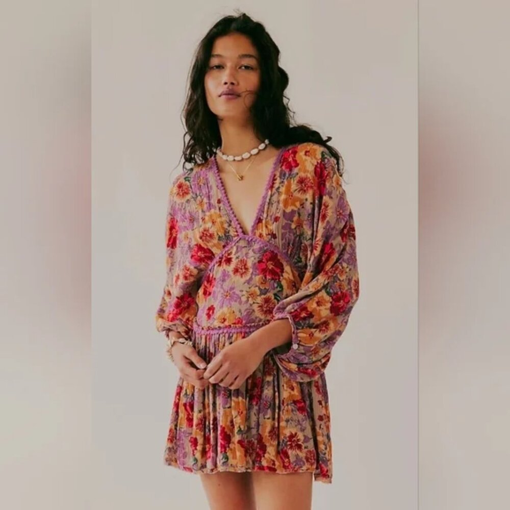 Free People Sweet Dreams Mini Dress Deep V Babydoll Boho Swing Floral Lace M - Picture 9 of 9